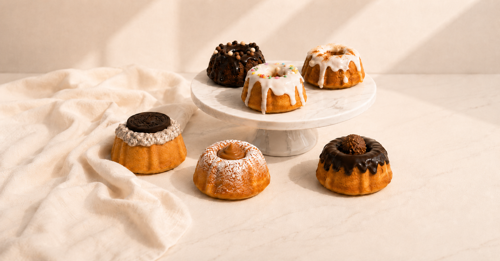 Mini bundt cakes de Soän arreglados sobre un pedestal de mármol